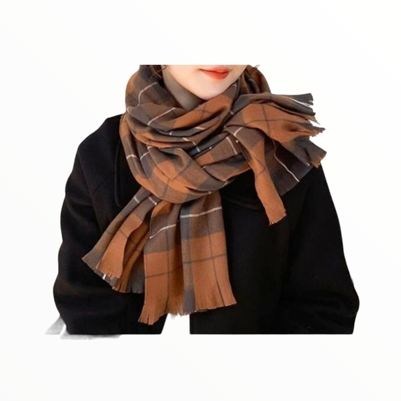 TRÏBE Plaid Patterned Blanket Scarf Wrap Camel & Brown NWT - Picture 3 of 3